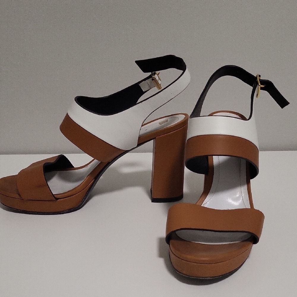 Brown and White Chunky Heeled Sandals